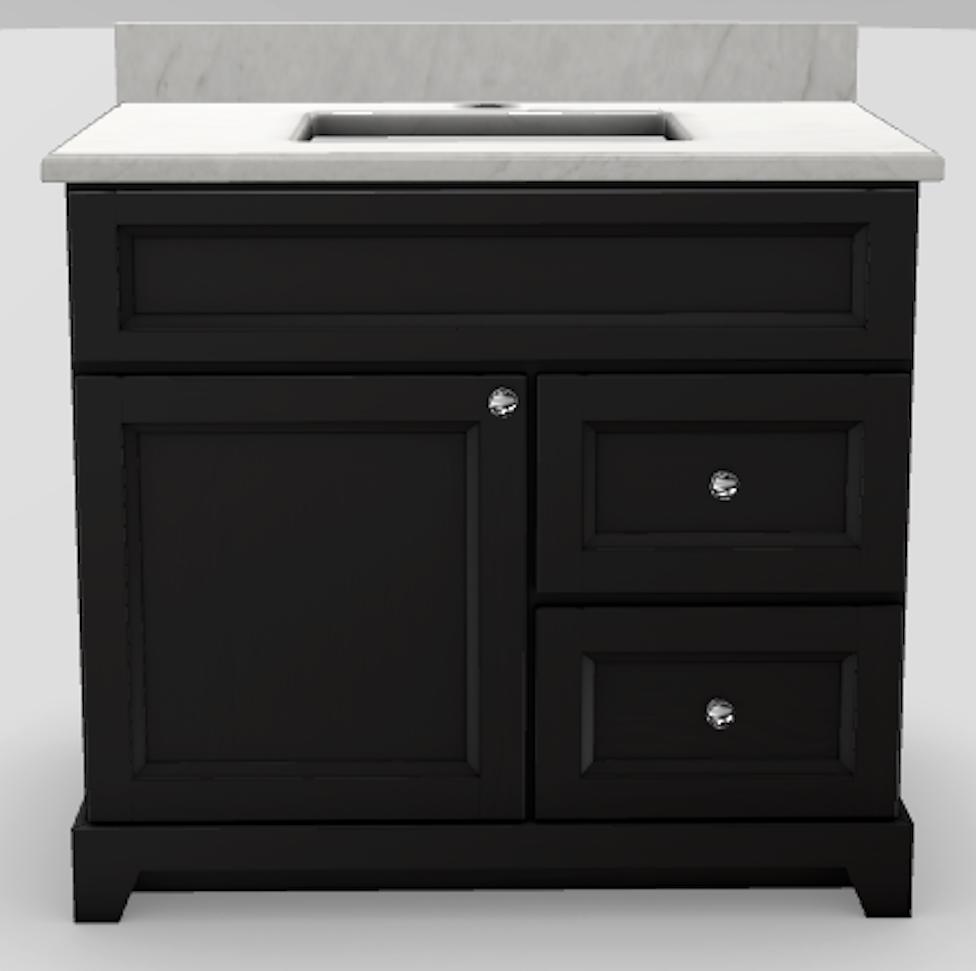 36" RH Drawer Standard Vanity Bellrose with Modern Knobs and 1-Hole Quartz Top