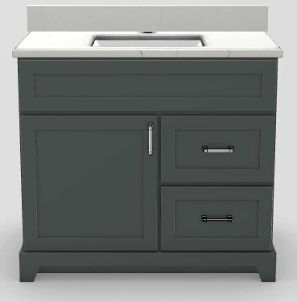 36" RH Drawer Shallow Vanity Modern Shaker with Bevelled Handles and 1-Hole Quartz Top
