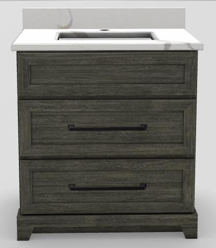 30" Dresser Standard Vanity Modern Shaker with Elegance Bevelled Handles and 1-Hole Quartz Top